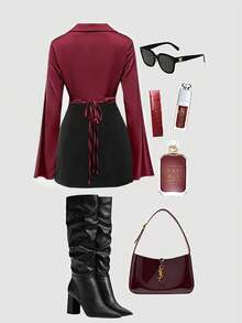 SHEIN Franclia Bộ áo sơ mi nữ + chân váy ngắn xẻ tà màu đen, trang phục công sở thanh lịch. - Màu Đỏ Sâu - Xem 2