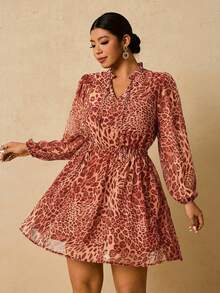Travachic Đầm dài tay bằng vải chiffon họa tiết da báo cỡ lớn dành cho nữ, cổ chữ V, thắt eo, dáng chữ A, thích hợp mặc nhiều lớp vào mùa thu/đông. - trái cam - Xem 1