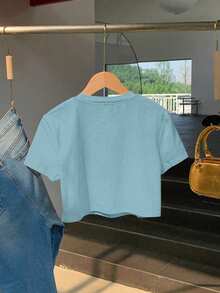 Camiseta corta casual de mujer con estampado gráfico - Neblina azul - Ver 2