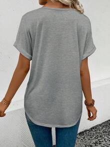 SHEIN LUNE Women's V-Neck Flared Cuff, Ombre Heart Print Casual Versatile T-Shirt, Spring/Summer - Light Grey - View 2