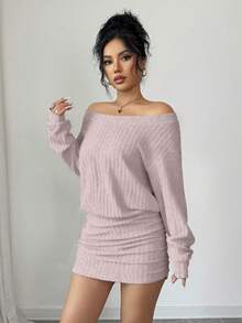 Elenzga petite Váy ôm sát tay dài hở vai, dáng suông ngắn PETITE dành cho nữ, phù hợp cho mùa thu/đông, lễ Tạ ơn, năm mới - Màu Hồng baby - Xem 4