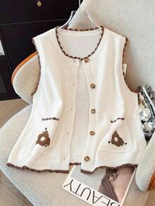 GlowEve CURVE Gilet sans manches en maille pour femmes grande taille, style rétro ample et décontracté, nouveau pour le début du printemps, beige polyvalent avec patchwork, bordure couleur café, décoré de motifs brodés - Nude - Voir 7