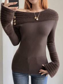 Livesso Women's Off Shoulder Ruched Button Decor Fashion Versatile Vacation Autumn/Winter Bell Sleeve Sweater - Coffee Brown - View 6