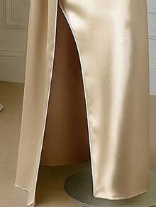 Váy satin màu hồng trang trí nơ một bên vai cho bé gái, váy midi xẻ tà xếp ly mùa hè, váy dạ hội dự tiệc thanh lịch - Rượu sâm banh - Xem 5