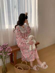 复古蕾丝领碎花长袖睡裙，甜美公主风少女春秋季睡衣