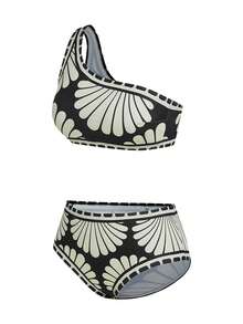 Swim Oasis 三件套女士春夏沙滩泳衣套装，优雅社交名媛复古波西米亚风海洋花卉贝壳印花，不对称肩部比基尼上衣搭配裹身网纱裙，高级套装，适合新年、情人节、返校季、旅行、海滩、下午茶、派对、日常穿着、休闲、户外活动等场合，时尚百搭。 - 彩色 - 查看 5