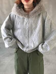 FRIFUL 女士纯色连帽落肩长袖毛领装饰金属拉链休闲宽松百搭卫衣，秋冬连帽衫 - 灰色 - 查看 6