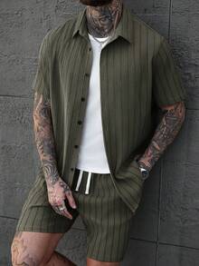 SLATEMANN 男士休闲纯色纽扣衬衫套装 - 軍綠色 - 查看 6