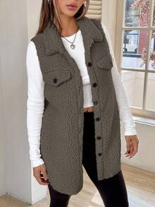 SHEIN EZwear 1 pièce Manteau sans manches décontracté à boutons et poches pour femmes, de couleur unie. Idéal pour le port quotidien en automne/hiver, l'automne, pour les femmes qui travaillent de chez elles en hiver. Manteau sans manches confortable pour les femmes au petit-déjeuner. - Gris foncé - Voir 5