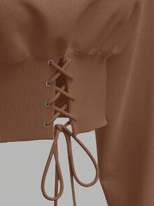 SHEIN EZwear White Knitted Ladies' Sweatshirt, Long Sleeve Tops In Fall/Winter Brown Hoodie Brown Clothes Drawstring Hoodie Cropped Sweatshirt Cropped Hoodie - Brown - View 4