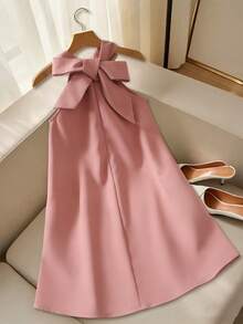 SHEIN Girls Elegant Dusty Pink A Line Halter Sleeveless Short Dress With Pearl Embellishments Casual Dusty Pink Dress Pink Sleeveless Dress Pearl Dress Pink Dress With Pearls Pink Halter Neck Dress - Dusty Pink - View 2