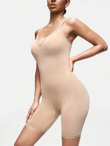 SHAPORA Women's Solid Color V-Neck Long Sleeve Slim Fit Casual Jumpsuit Shapewear Bodysuit - Khaki - View 6