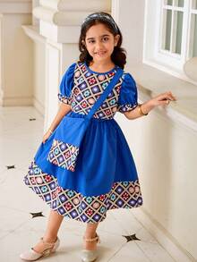 Young Girls Middle Eastern Style Blue Floral Print T-Shirt & Skirt 2-Piece Set With Matching Crossbody Bag,Summer Family Matching Modest Folk Dress - Blue - View 6