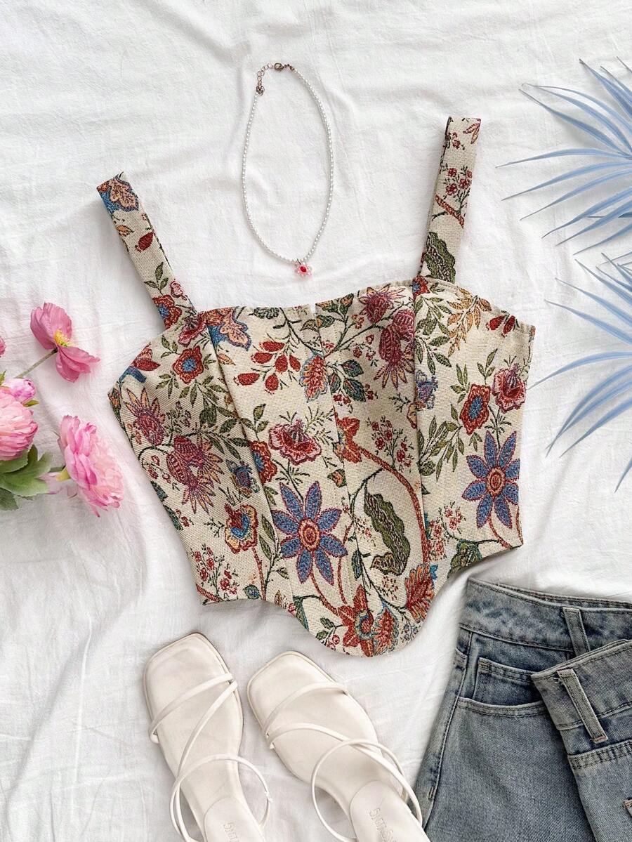 Soleia 女士彩色梭织印花前扣不对称下摆露脐背心，适合叠穿或外穿，秋季款 - 彩色 - 查看 1