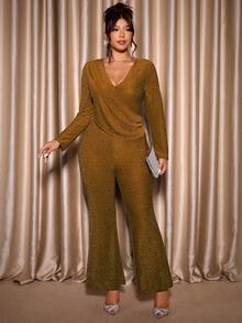 Cravure 大码女式V领褶皱长袖修身亮面优雅连体裤，适合派对穿着 - 金色 - 查看 4