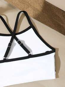 1件套少女黑白弹力速干舒适针织泳衣，镂空花卉设计，适合海滩、泳池、海边、冲浪、度假、夏季穿着。高腰泳衣套装，黑白泳装，黑白两件式泳衣比基尼套装，高腰黑色女童泳衣，两件式泳衣，女童高腰泳衣，夏季两件式泳衣套装，青少年泳衣。 - 黑與白 - 查看 6