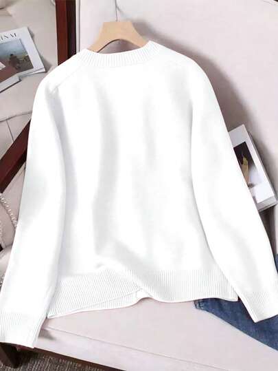 EMERY ROSE Women's Round Neck Long Sleeve Knitted Sweater Regular Cardigan, Autumn/Winter