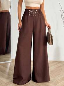EURMUSE Fashionable & Elegant Commuter Pearl Embellished Wide Leg Pants - Coffee Brown - View 1