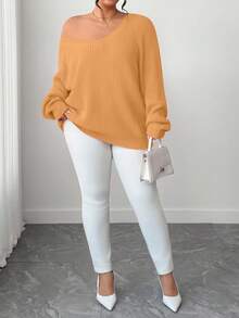 SHEIN Tall CURVE Plus Size Casual V-Neck Raglan Sleeve Pullover Sweater - Camel - View 4