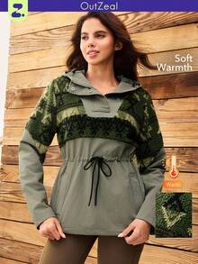 OutZeal Women Fleece Woven Pullover Sweatshirt Drawstring Waist Side Pocket Outdoor Sweatshirt Winter Fall Camping Hiking - Army Green - View 1