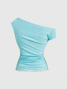 ROMWE Avant Y2K Style Hibiscus Flower Rivet Sequin Decor Women Slim Fit Asymmetric Shoulder Top - Green - View 2