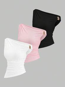 Sweetra 3pcs/Set Women's New Design High Street Chic Sexy Shoulder Exposed Metal Texture Slim Fit Casual Comfortable T-Shirt, Spring/Summer - Multicolor - View 1