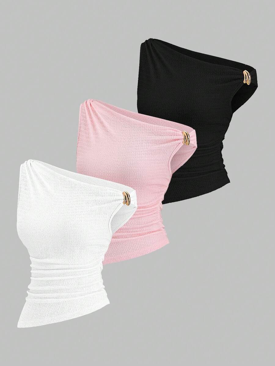 Sweetra 3pcs/Set Women's New Design High Street Chic Sexy Shoulder Exposed Metal Texture Slim Fit Casual Comfortable T-Shirt, Spring/Summer - Multicolor - View 1