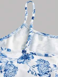SHEIN Girlism Bộ đồ nữ tuổi teen gồm áo khoác tay loe họa tiết jacquard và váy slip họa tiết hoa nhí, phong cách ngọt ngào, giản dị và thanh lịch. - Màu xanh lam - Xem 3