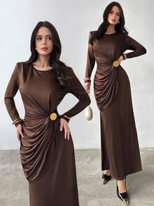 Firerie Women's Solid Brown Overlapping V-Neck Batwing Sleeve Pleated Elegant Dress - بني مخاوي - مشاهدة 1