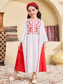 SHEIN Young Girl Print Color Block Long Sleeve A-Line Dress - White - View 6