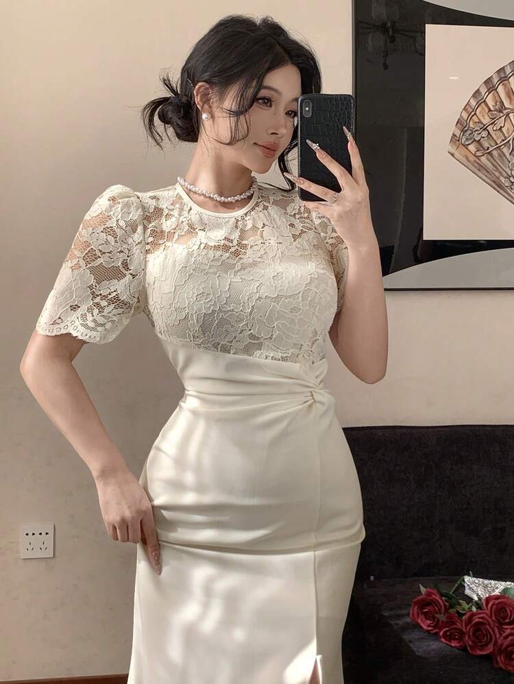 Women's Solid Color Lace Patchwork Round Neck Short Sleeve Dress Wedding Guest Dress Sundress