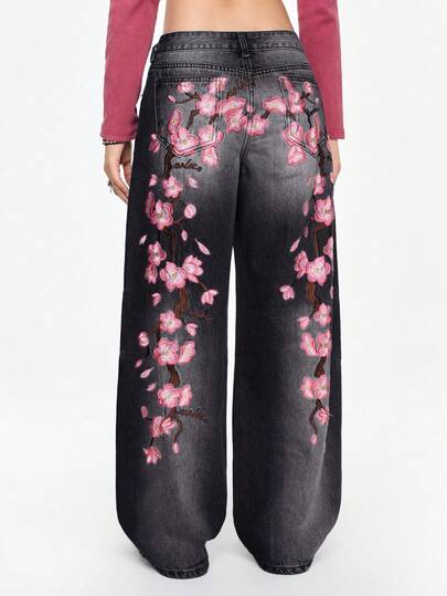 Grunge Punk Jeans oversize in stile Y2K con ricamo di fiori di ciliegio