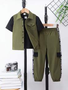 SHEIN Bộ 3 món kiểu dáng tiện dụng cho bé trai gồm áo sơ mi, áo ba lỗ và áo thun cổ tròn tay ngắn kèm quần cargo, trang phục mùa hè thoải mái cho kỳ nghỉ, du lịch, thư giãn và tắm nắng. - xanh quân đội - Xem 8