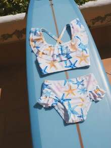 Cute & Fresh Starfish Print Top With Flounce Design Baby/Toddler Girls Swimsuit Set 2 Piece Baby Swim Suit Beach Baby Outfit Toddler 2 Pc Swimsuit Bikini Set For Baby Ocean Baby Clothes Under The Sea Bathing Suit Toddler Girl Baby Mermaid Swimsuit Baby Girl Ocean Print Toddler Swimsuit Starfish