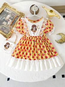 Baby Girl Yellow Summer Cute Family Matching Middle Eastern Traditional Short Puff Sleeve Lace Trim Princess Party Midi Dress With Sling Bag Abaya - Multicolor - View 7