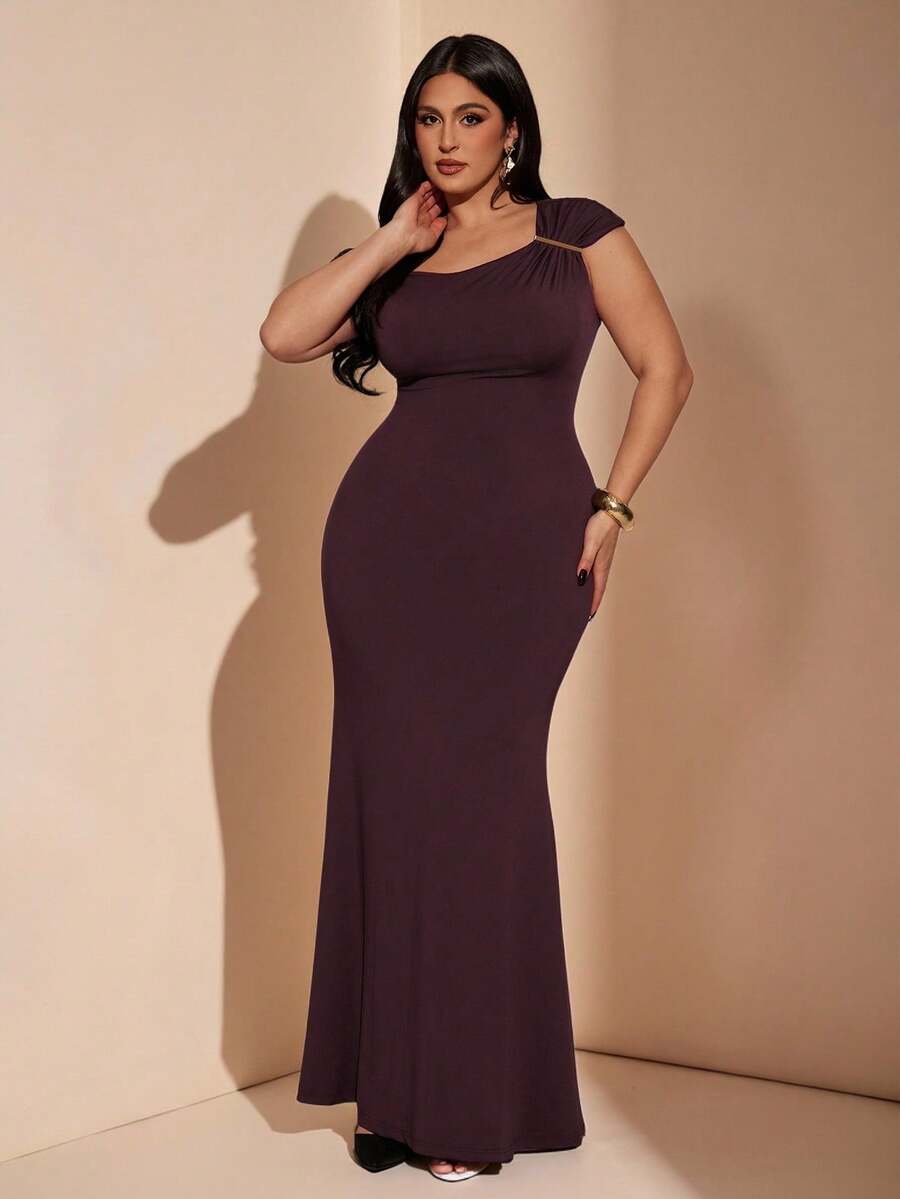 SHEIN BAE Váy kim loại lệch vai màu nâu cỡ lớn dành cho nữ - Cà phê nâu - Xem 1
