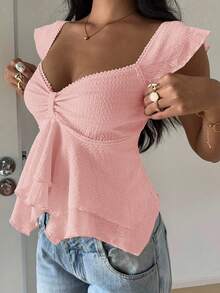 SHEIN EZwear Women's Textured Knit Ruffle Hem Sweetheart Neck Cap Sleeve Elegant T-Shirt, Rave Top - Pink - View 4