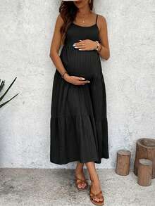 SHEIN Maternity Vacation Ruffle Hem Backless Tie Strap Dress - Black - View 2