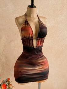 Soleia Women Mini Dress,All Shades Of Brown,Summer,Boho,Vacation,Holiday Halter Tie Bow Hollow Out Backless Tie Dye Elegant Party Wedding Dinner Sunset Dress - Multicolor - View 5
