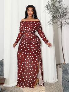 Maweii 加大码长袖波点优雅时尚百搭性感两件套，适合圣诞红色派对 - 咖啡棕 - 查看 4