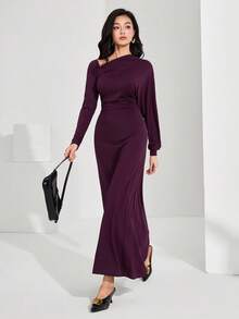 Heiryn Women's Solid Color Minimalist Long Sleeve Dress, Casual Everyday Wear Plum Dress Long Sleeve Elegant Dress Curve Elegant Dress Purple Elegant Dress Women Dark Purple Dress Women Slim Dress Long Sleeve Dresses Woman - Purple - View 2