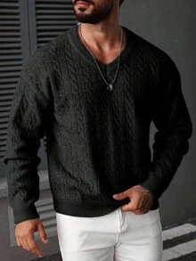 Manfinity Homme 男士休闲麻花针织V领长袖毛衣，秋冬男士麻花针织毛衣，男士V领罗纹毛衣 - 黑色 - 查看 5