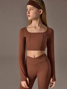 Tween Girls Brown 2-Piece Set, Fishbone Long Sleeve T-Shirt & Leggings, Casual Chic Sporty Collegiate Style Young Student Outfit, Long Sleeve T-Shirt And Skinny Pants Brown 2-Piece Set - Brown - View 4