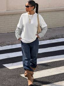 Muchica 女士新款二合一圆领宽松长袖T恤叠穿单品休闲秋季条纹长袖 - 彩色 - 查看 4