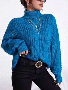 RueChic Turtle Neck Drop Shoulder Cable Knit Sweater - Màu xanh bạc hà - Xem 3