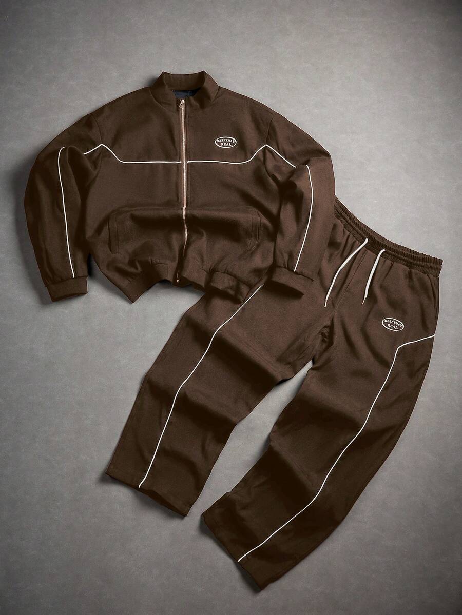 Manfinity Homme Bộ đồ nam thường ngày phong cách đường phố, áo khoác có khóa kéo và quần dài cạp chun, in chữ, phối viền tương phản, thích hợp đi làm, mùa xuân/thu. - Cà phê nâu - Xem 1