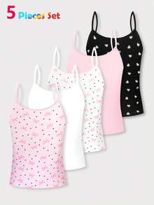 5件套女童多色新月形花朵蕾丝蝴蝶结吊带背心，可爱蝴蝶和爱心印花百搭打底衫 - 彩色 - 查看 1