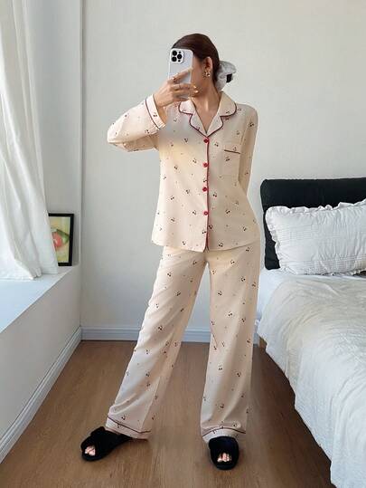 Dream Adore Cherry Heart Print Lapel Long Sleeve Pajama Set