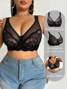 DesireSculpt 1 pieza Sujetador con aros y ajustable con encaje y parches para mujer de talla grande - Negro - Ver 3