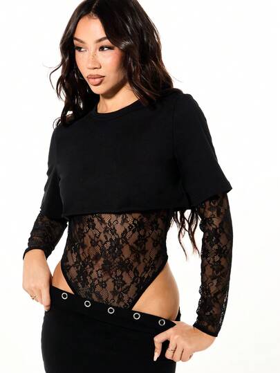 SUMWON WOMEN Long Sleeve Lace Panel Bodysuit With Crew Neck For Fall Winter Evening Occasions
